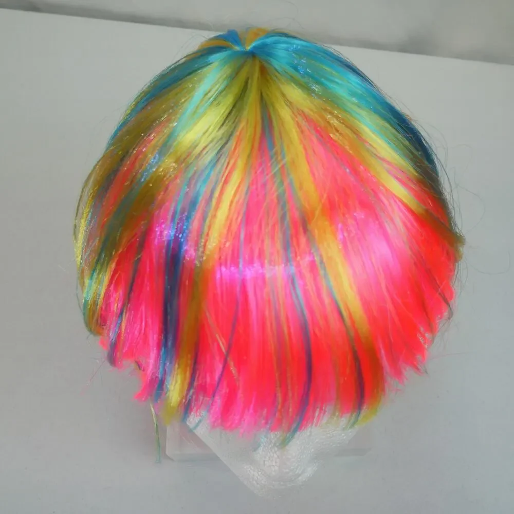 Neon Rainbow Cosplay Wig – Pink with Blue Yellow Green Streaks – Costume Hair